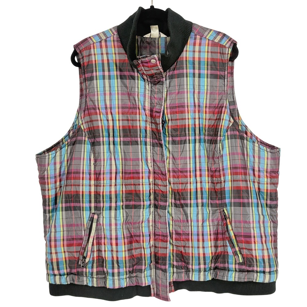 CJ Banks Women Plaid Quilted Puffer Vest Plus Size 3X Gorpcore Outdoor Preppy
